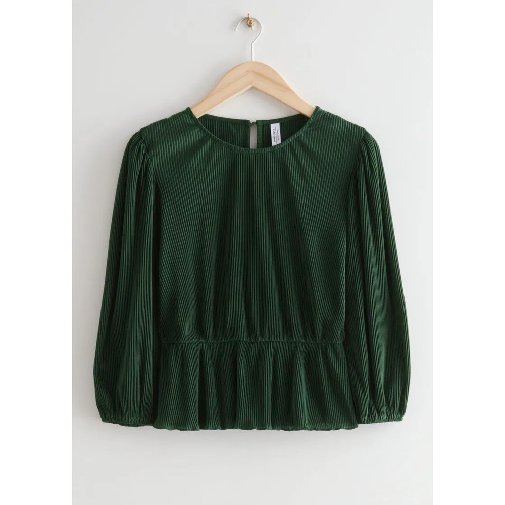 & Other Stories‎ Peplum Top Pleated Balloon Sleeve Blouse Green Size S - Picture 2 of 9